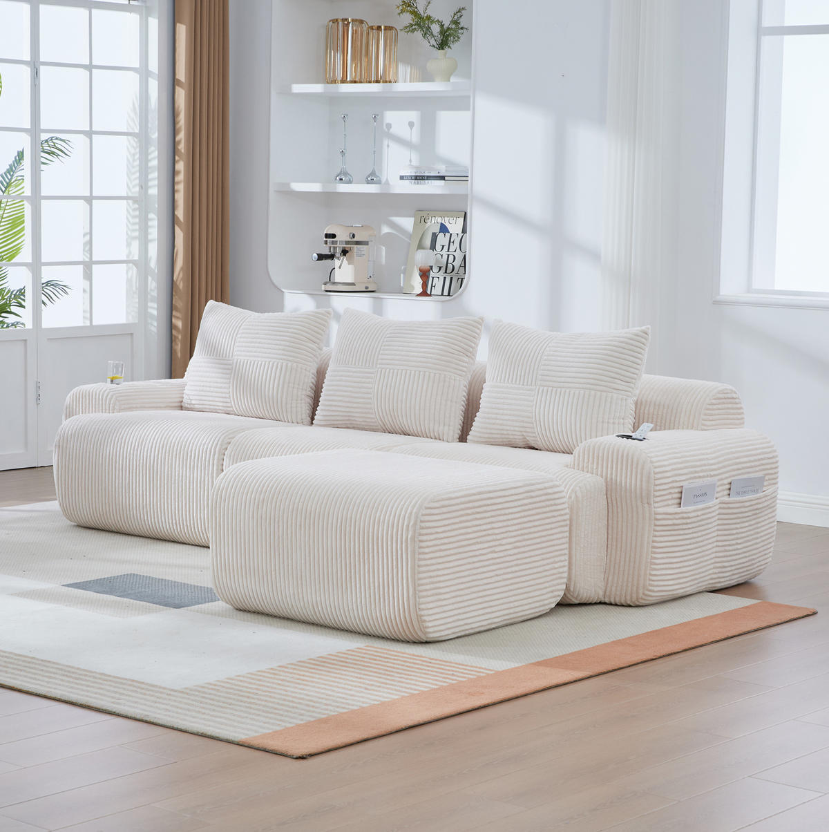 MODULARES 3-Sitzer Sofa Cordstoff mit Getränkehalter und Seitentasche 268/174/80 cm Beige - Beige, Textil (174/268cm) - Redom