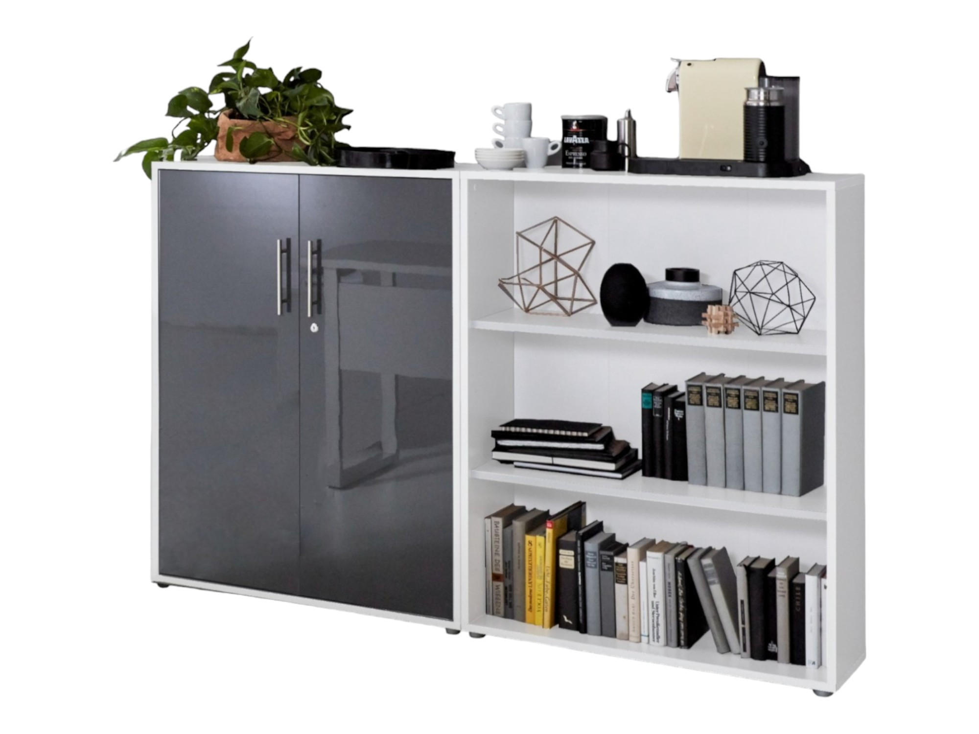 BÜROMÖBELSET 2-tlg. weiß / anthrazit Hochglanz - Anthrazit/Silberfarben, Holz/Kunststoff (168.8/113.6/33cm)