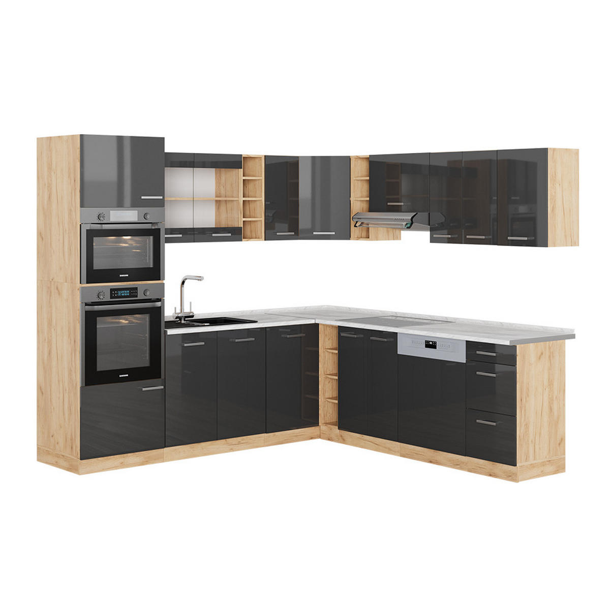 ECKKÜCHE R-Line Anthrazit Hochglanz/Goldkraft Eiche 237 x 247 cm AP Marmor - Honigeiche/Anthrazit, Holzwerkstoff (247/81.6/60cm) - Vicco