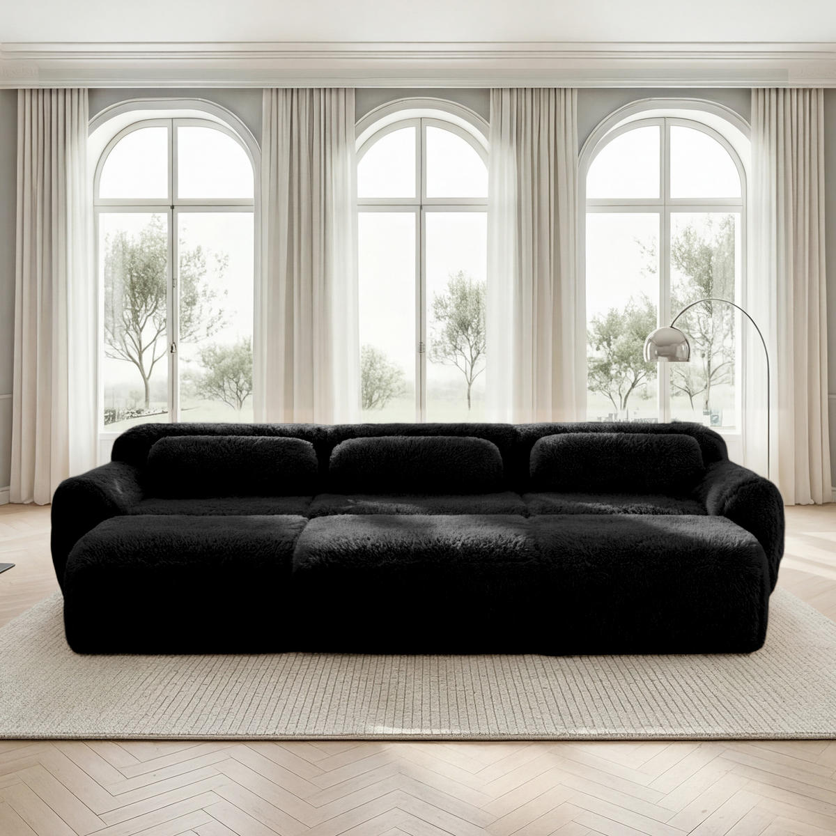 3-SITZER Sofa 291x179x73 cm aus Plüschstoff rahmenlos modular mit 3 Ottomans, schwarz - Schwarz, Textil (179/73/291cm)
