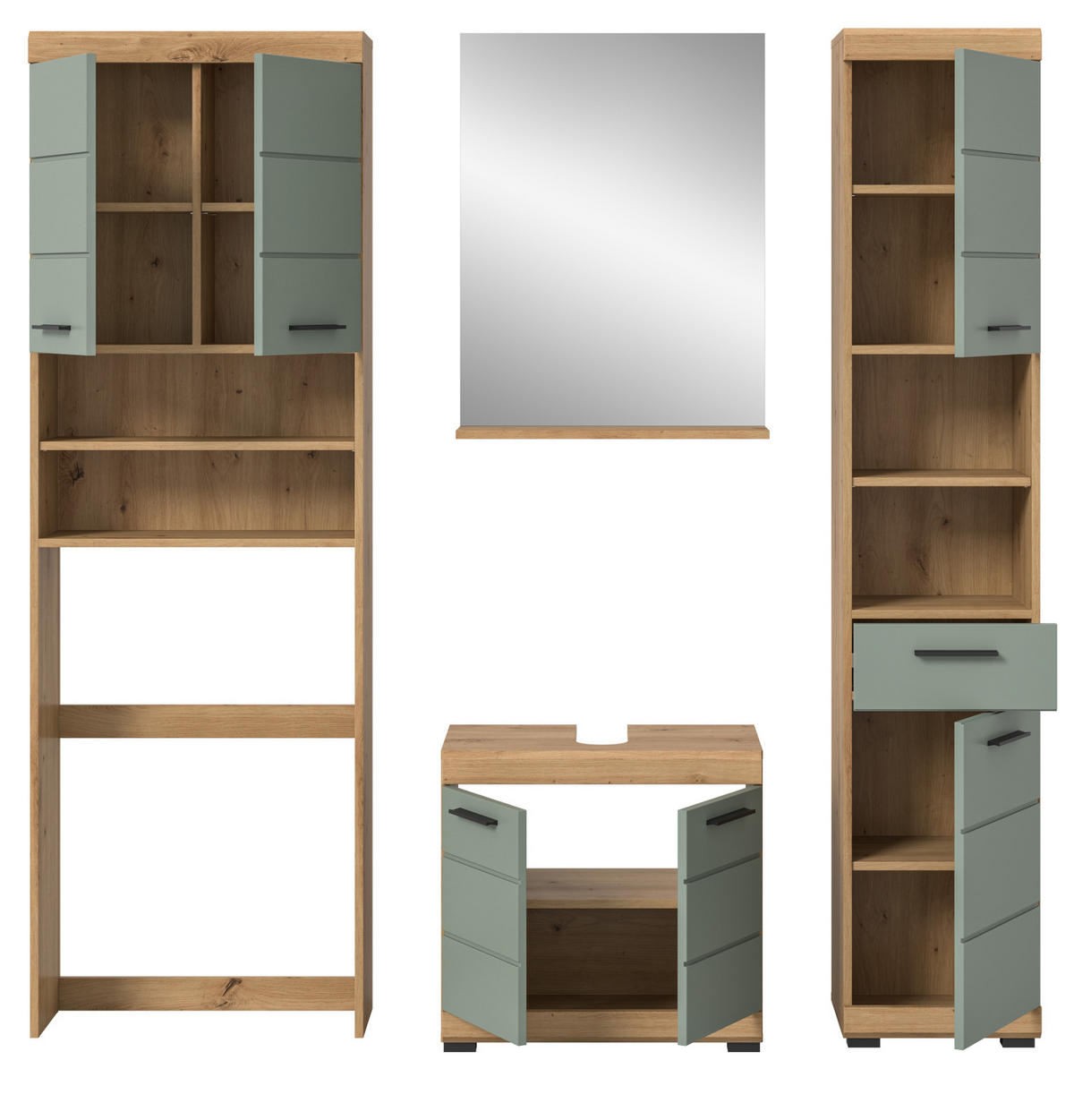 BADMÖBEL-SET Salbei grün, Eiche Artisan 4-teilig 190 cm, Komplettset mit viel Stauraum - Salbeigrün/Schwarz, Glas/Holzwerkstoff (190/191/34cm) - Inn.Furn
