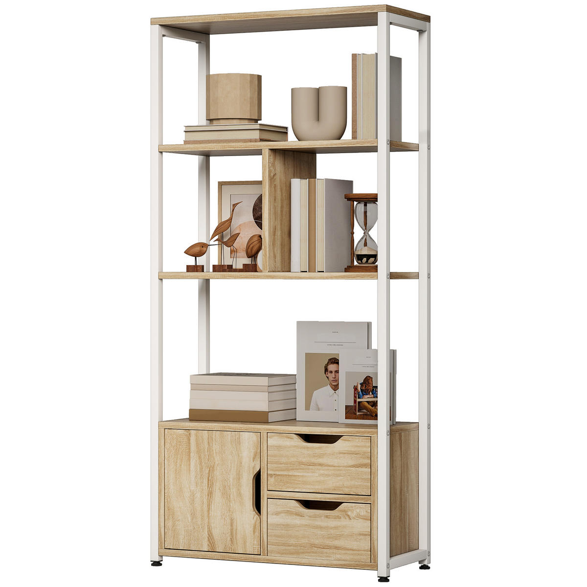 BÜCHERREGAL,BÖDEN Schubladen Tür Industriestil 58x24x122cm,weiß-naturholz - Weiß, Holzwerkstoff (58/122/24cm) - Vallsero