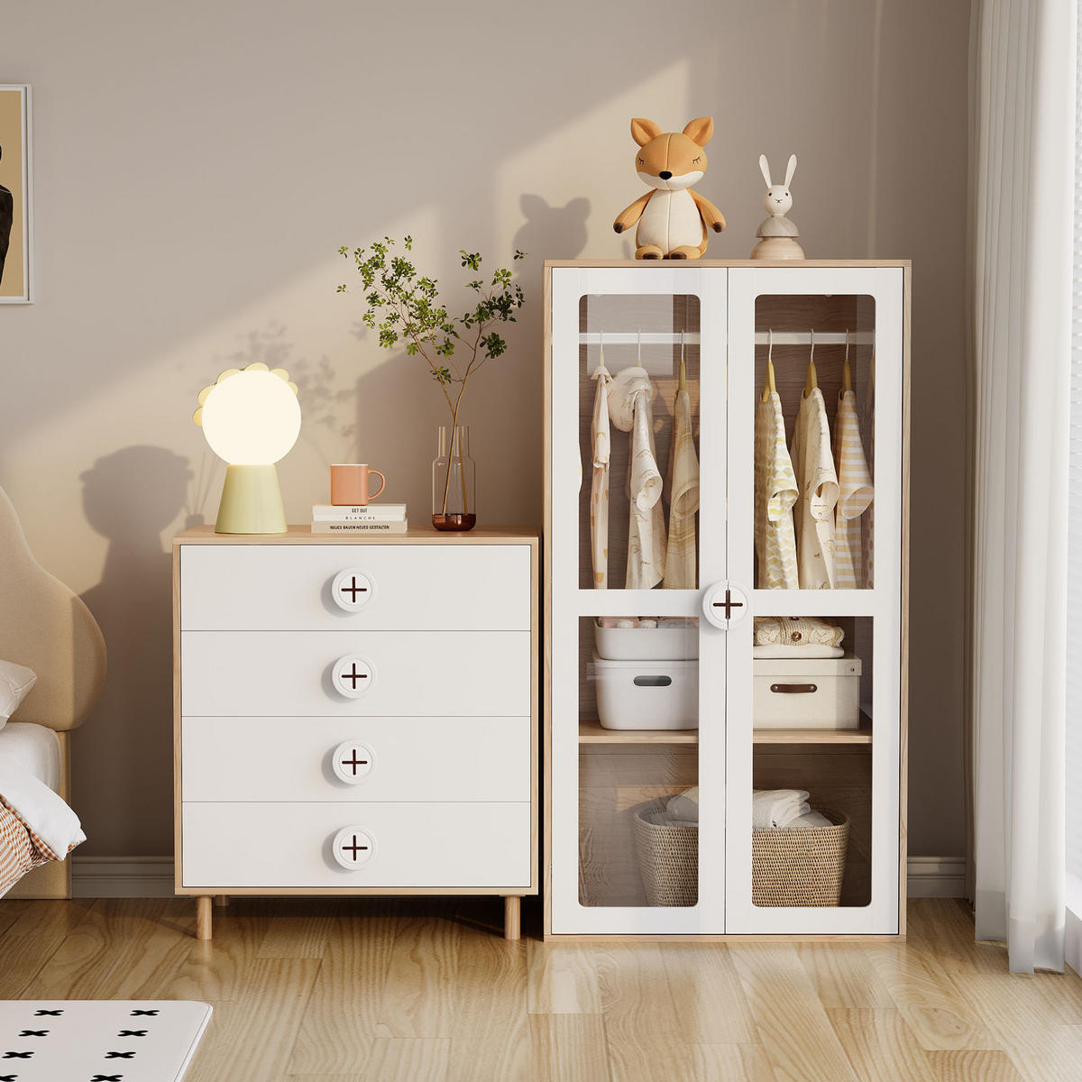 KLEIDERSCHRANK- und Kommoden-Set aus MDF 80x50x150 cm & 80x54x90 cm Natur/Weiß mit Acryl Türen und 4 Schubladen - Weiß, Holzwerkstoff (160/150/50cm) - Modfu