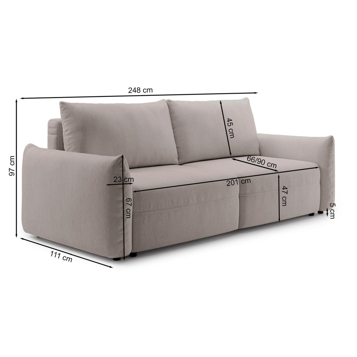 SCHLAFSOFA Theolla Hellbeige - Ecru/Schwarz, Textil/Metall (248/97/111cm) - Selsey