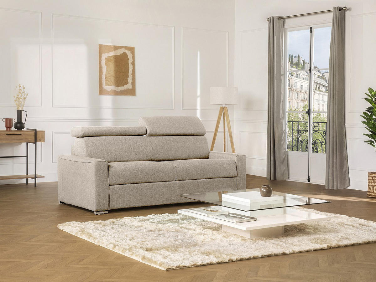 SCHLAFSOFA 4-Sitzer - Liegfläche mit Lattenrost: 160 cm - Matratze: 22 cm mit Memory Schaum - Stoff - Beige - VIZIR - Beige, Textil (216/110/223cm) - Vente-Unique