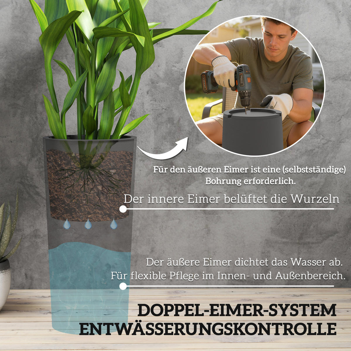 2ER Set Blumentopf stapelbar Pflanzkübel mit Löcher 35x35 cm Pflanztöpfe - Dunkelgrau, Kunststoff (60cm) - Outsunny