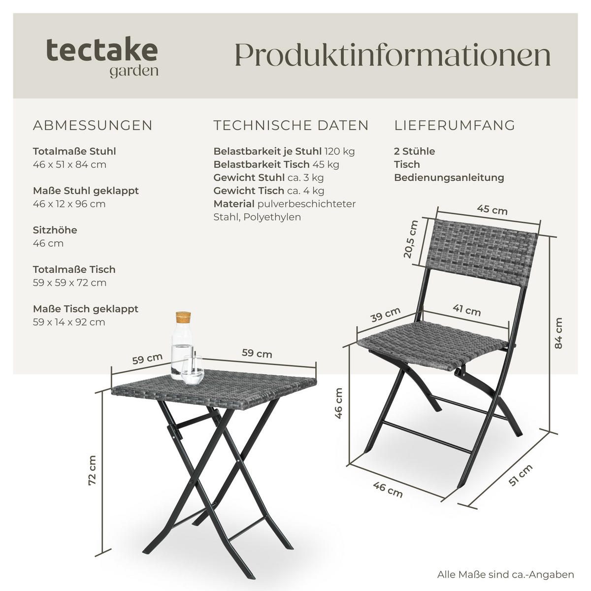 RATTANSET Trevi,geringes Gewicht,grau - Grau, Kunststoff - tectake