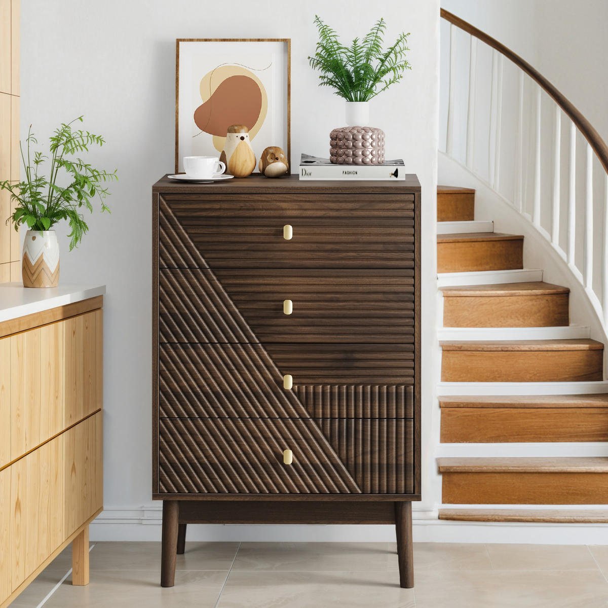 KOMMODE aus MDF und Spanplatte 60x40x90 cm Walnuss mit 4 Schubladen im Mid-Century-Stil - Walnussfarben, Holzwerkstoff (60/90/40cm) - Modfu