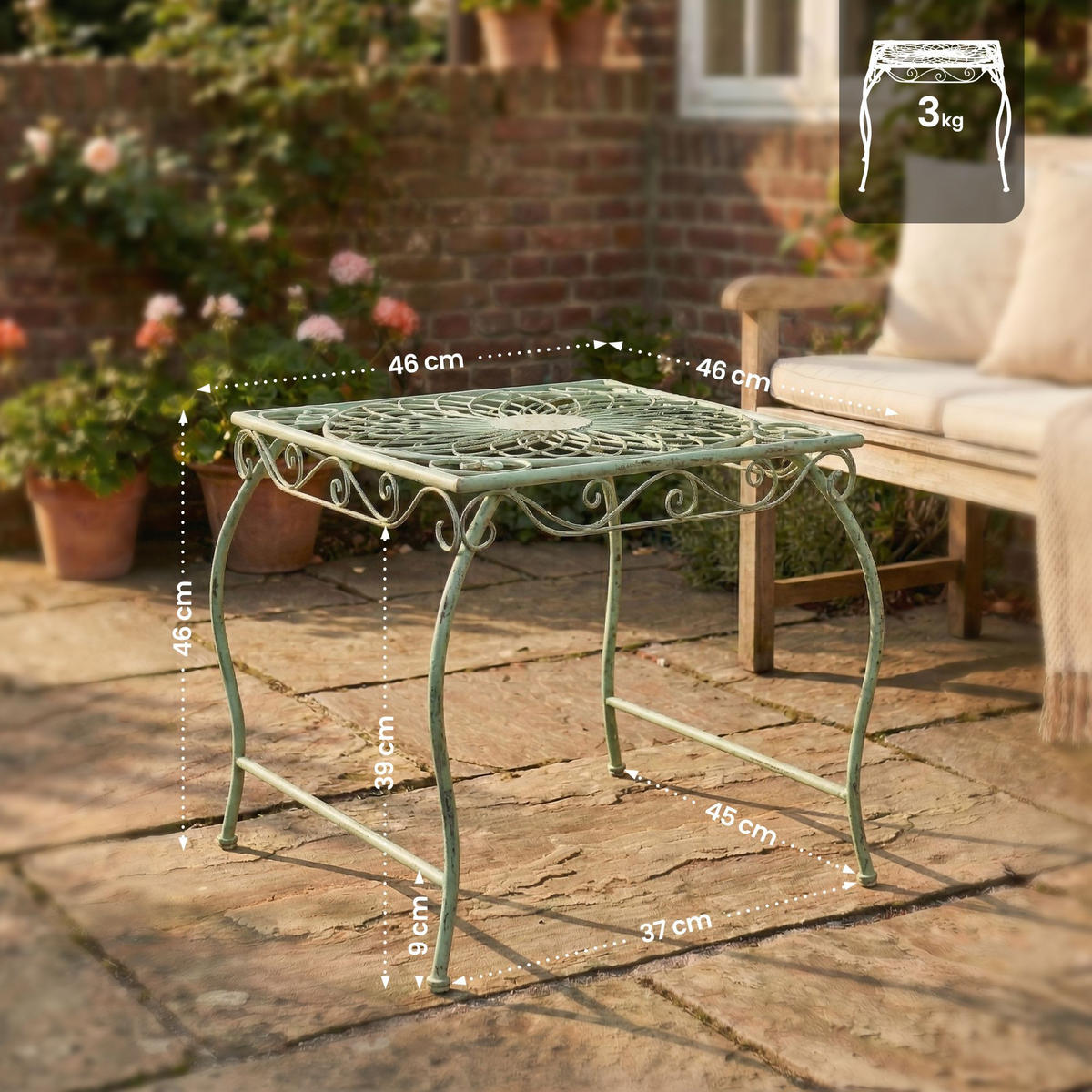 GARTENTISCH eckig 49/45/46 cm Metall Antik-Grün - Grün, Metall (45/49/46cm) - CLP