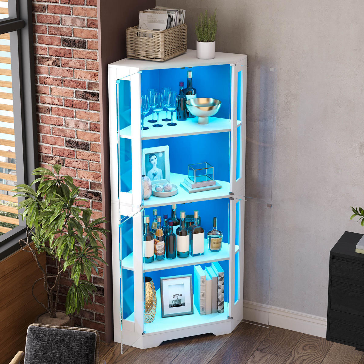 GESCHIRRSCHRANK 165 cm MDF Weiß mit RGB-LED, Glastüren und Weinregal - Weiß, Holzwerkstoff (40/165/40cm) - Korfee