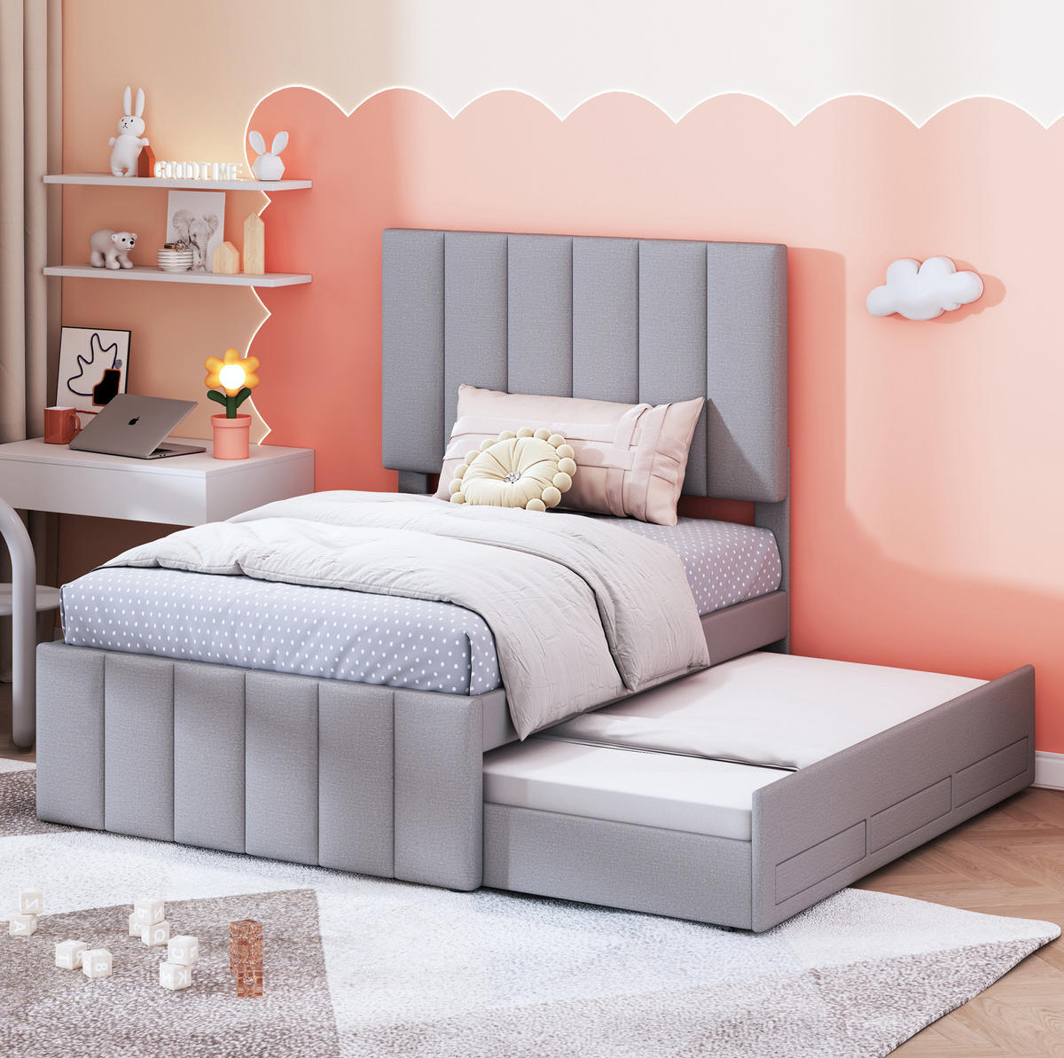 POLSTERBETT 90/200 cm Grau aus Leinen mit Rollbett und Schubladen - Grau, Textil (90/200cm) - OKMYHOME