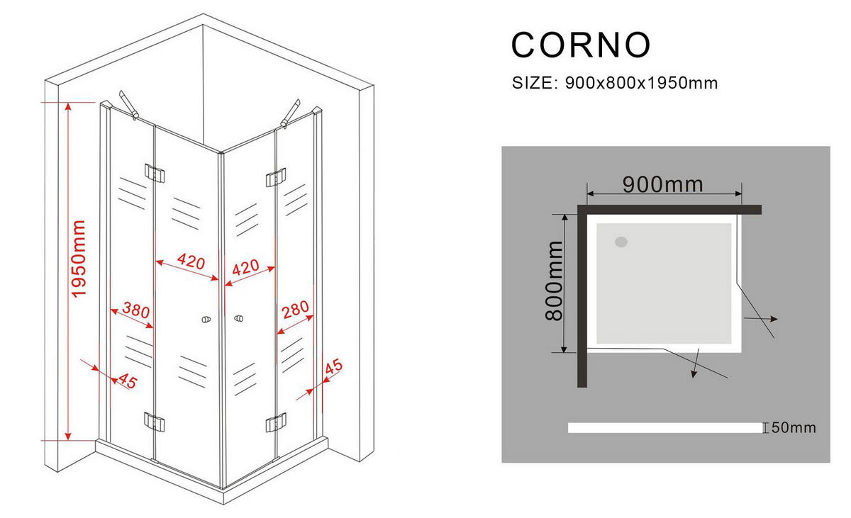 DUSCHKABINE CORNO Klar 80 x 90 x 195 cm 8 mm ESG - Klar, Glas (90/80/195cm) - Glasdeals