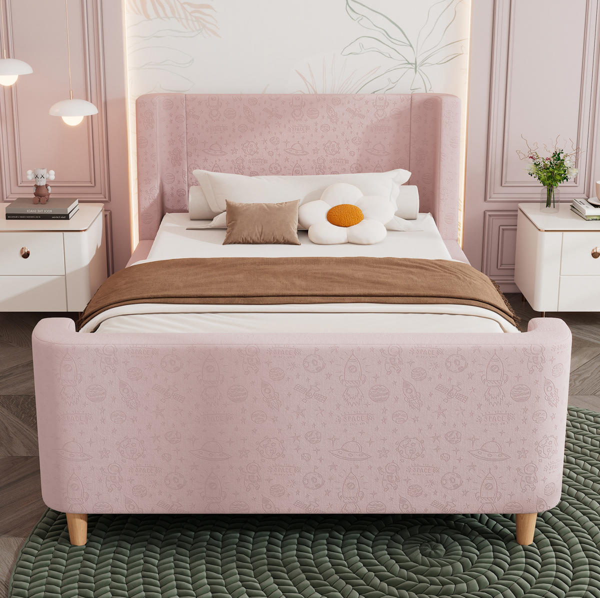 KINDERBETT 90/200 cm in Rosa aus Samt mit Weltraummuster und Schlittenbett-Design - Rosa, Textil (90/200cm) - Flora Grace
