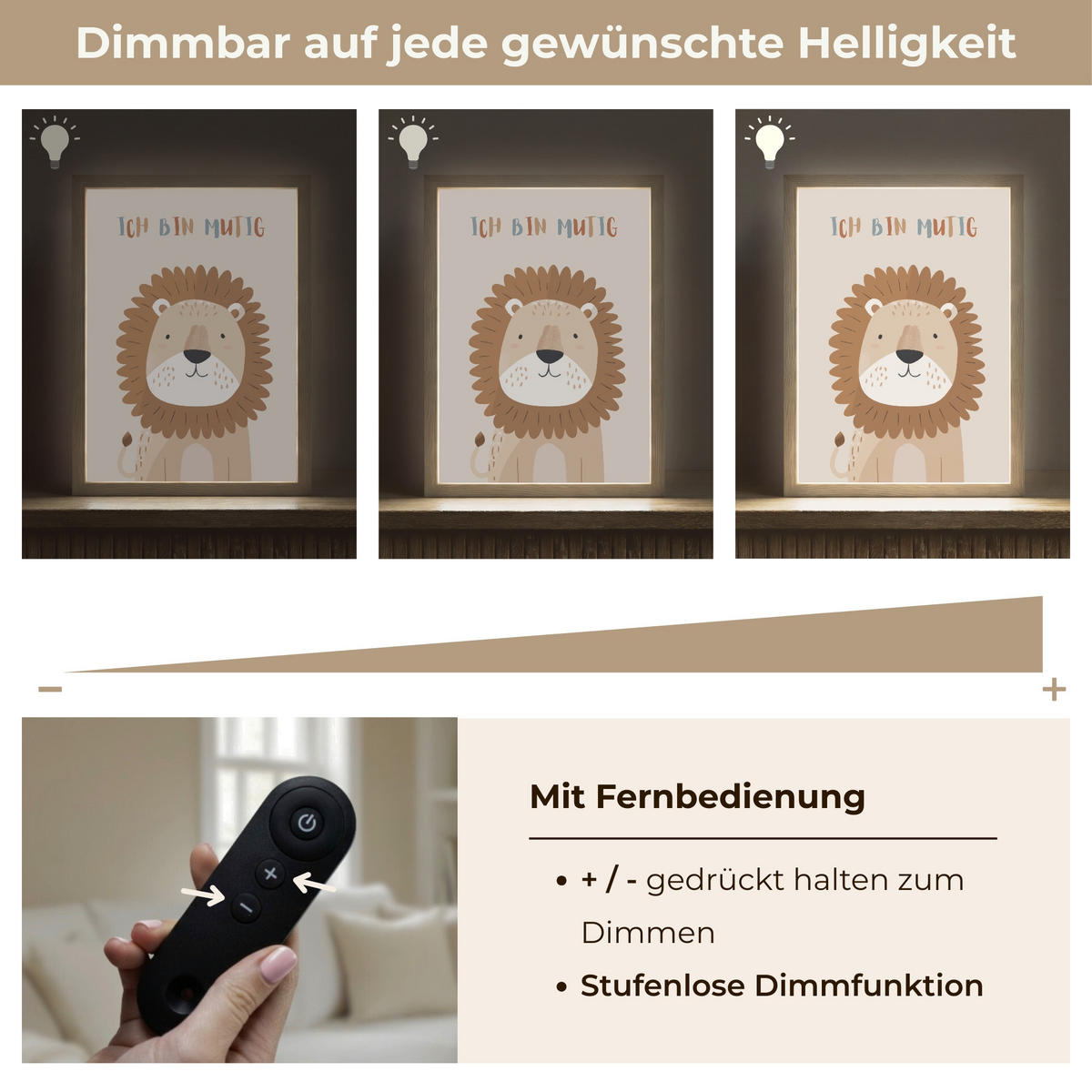 NACHTTISCHLAMPE MIT AKKU Löwe - Beige - Tier - Mutig - Zitat 30x40 cm - Beige, Holzwerkstoff (8/30/40cm) - OnlyWow