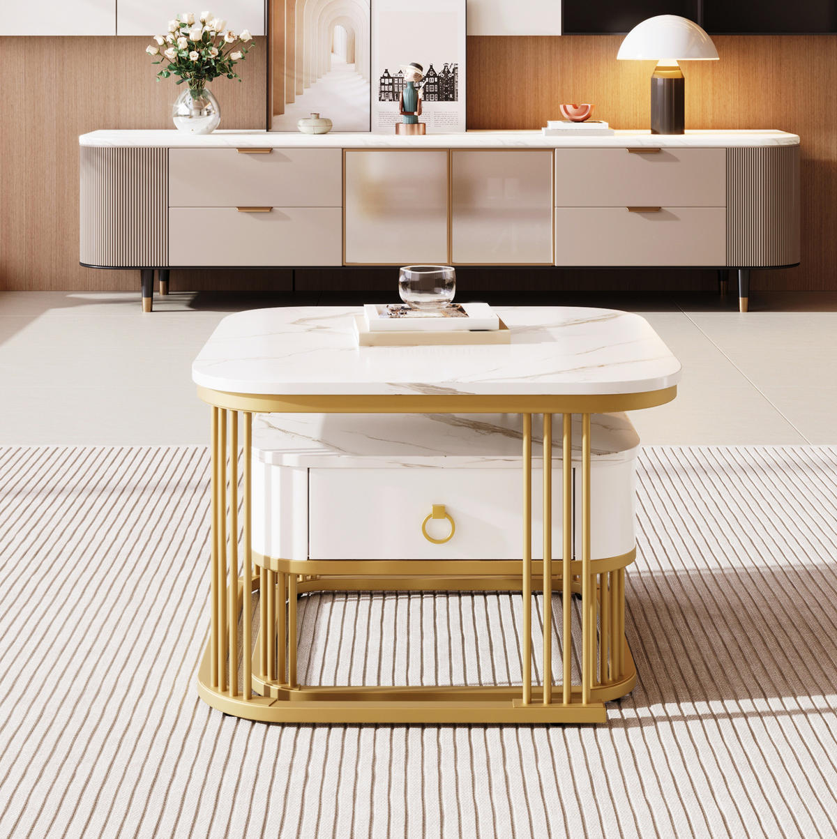 COUCHTISCH verschachtelbar 60 x 60 cm MDF Weiß-Gold 2er-Set - Weiß, Metall (60/60/45cm) - Meubliv