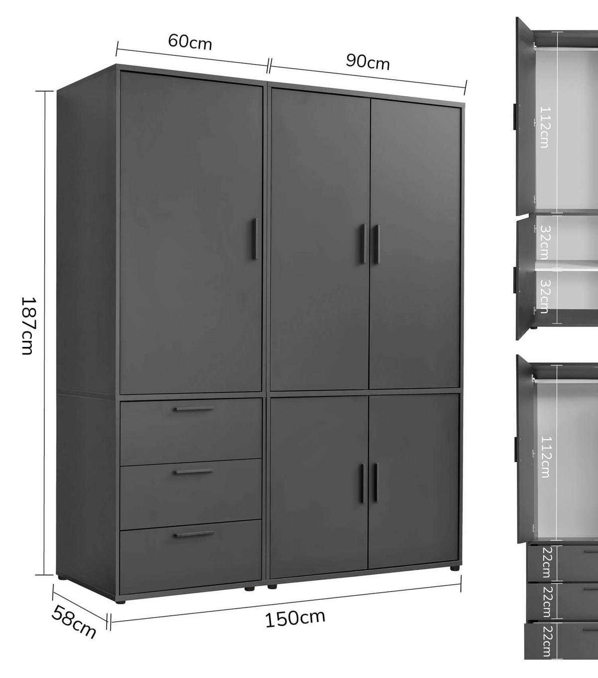 KLEIDERSCHRANK Der Grenzenlose - Anthrazit, Holzwerkstoff (150/187/58cm) - Mokebo