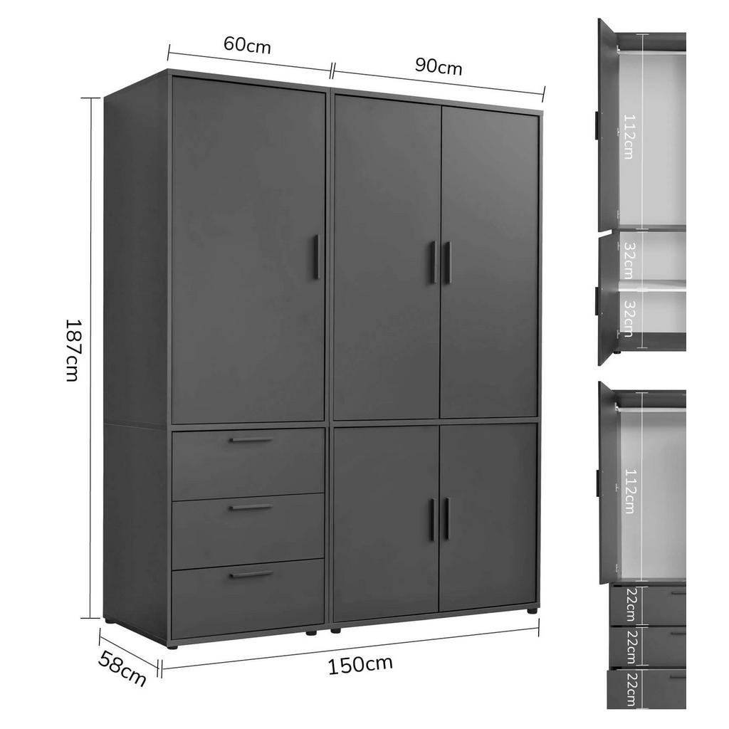Thumbnail - Mokebo Kleiderschrank, Anthrazit, Holzwerkstoff, 1 Fächer, 150x187x58 cm, Schlafzimmer, Kleiderschränke, Drehtürenschrän...