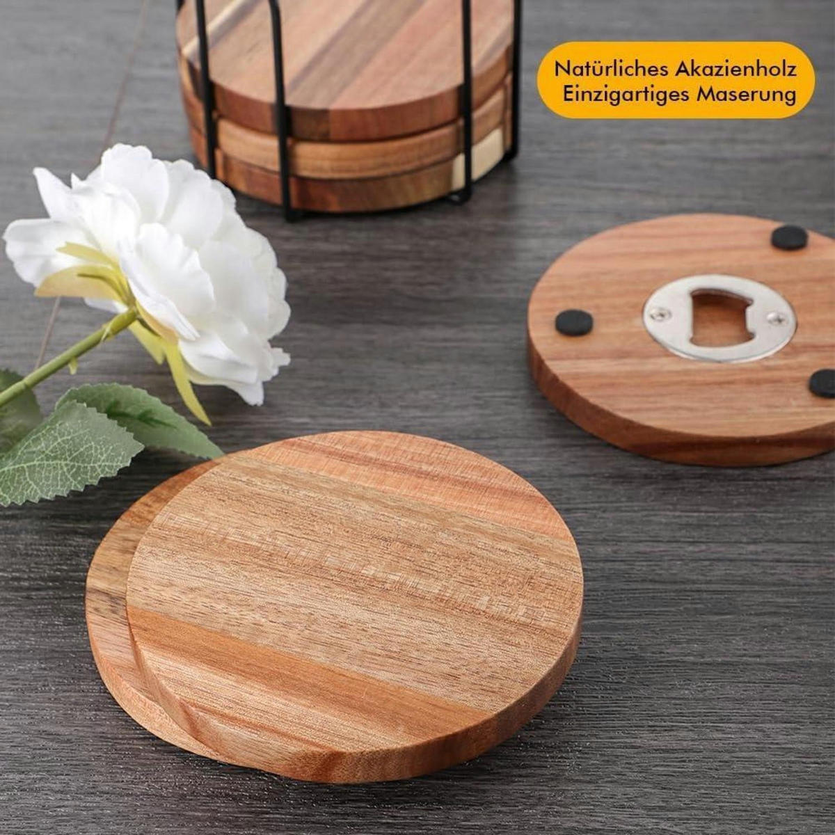UNTERSETZER Holz 6er Set mit Flaschenöffner - Braun, Holz (10/10cm)