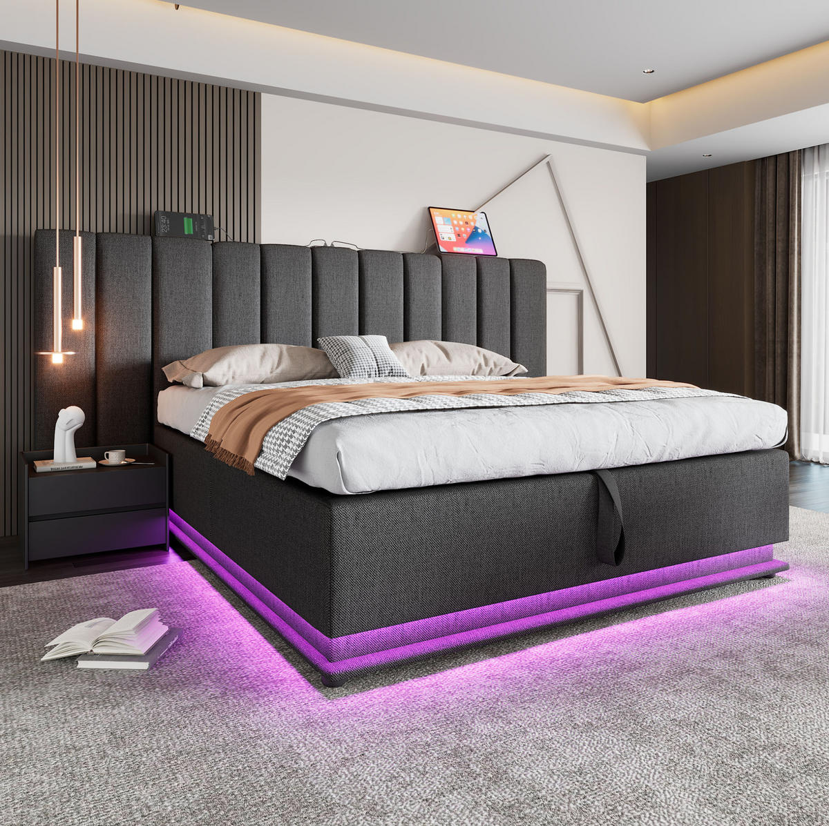 POLSTERBETT mit LED-Beleuchtung 180/200 cm mit Bettkasten und USB-C, Grau - Grau, Textil (180/200cm) - BEAOK