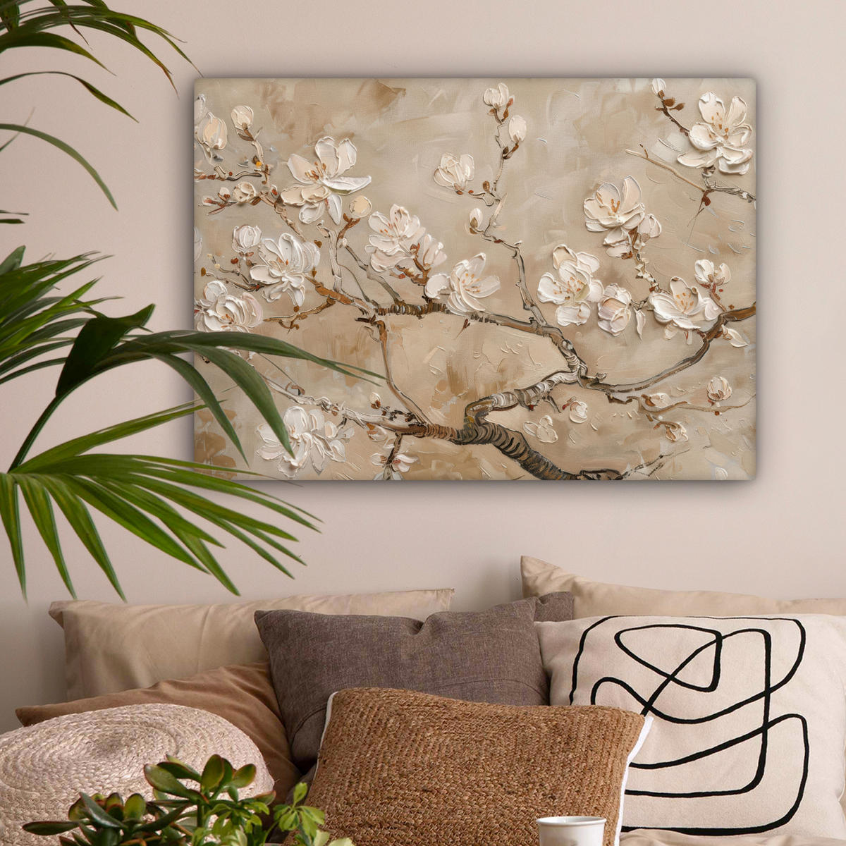 LEINWANDBILD - Blumen - Modern - Beige - Weiß - Blüte - 80x60 - Malerei - Beige, Textil (80/60cm) - MuchoWow