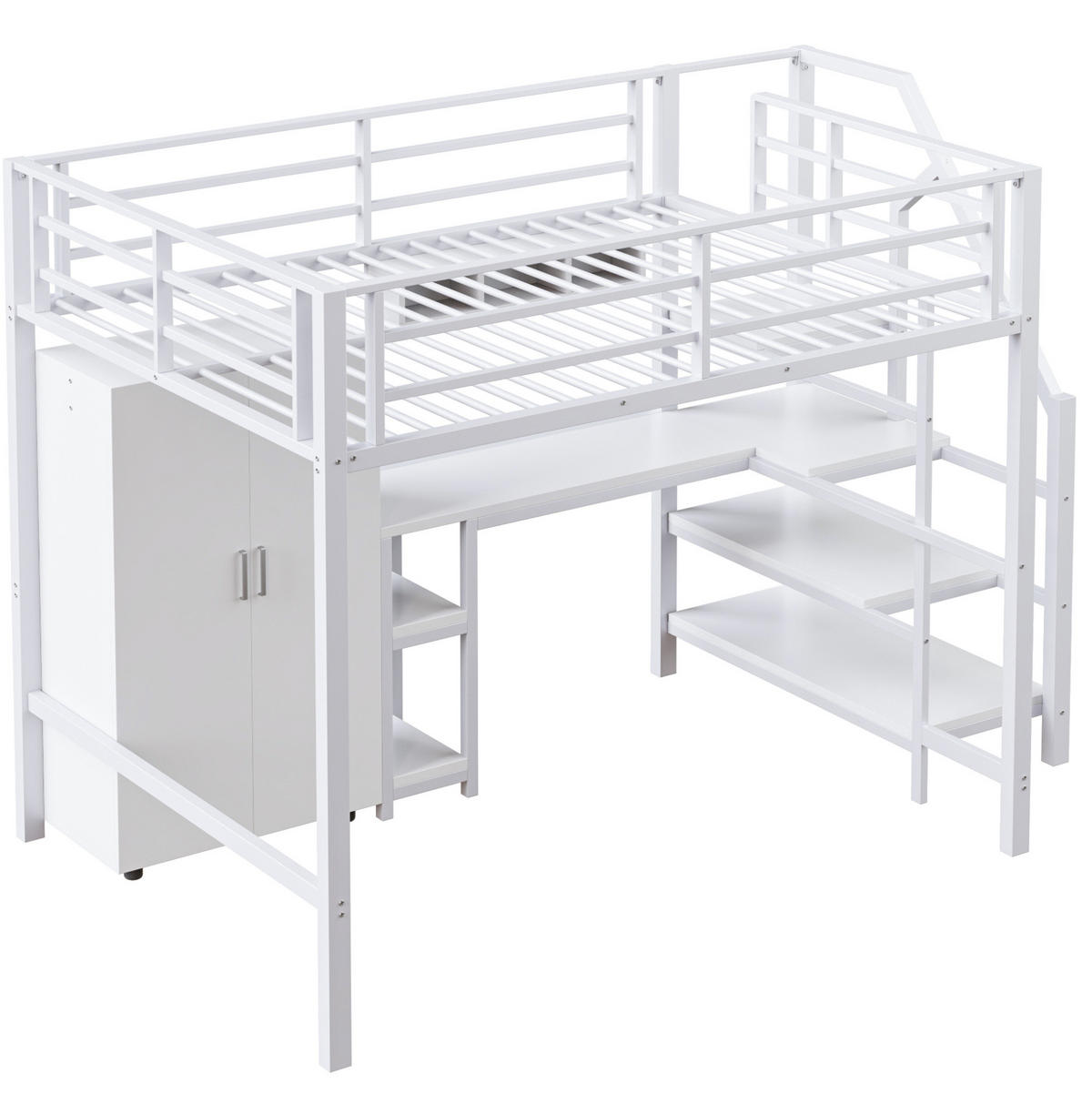 HOCHBETT 140/200 cm mit Kleiderschrank, Regalen, Ablageleiter, Schreibtisch und Metallrahmen, Weiß - Weiß, Metall (140/200cm) - Redom