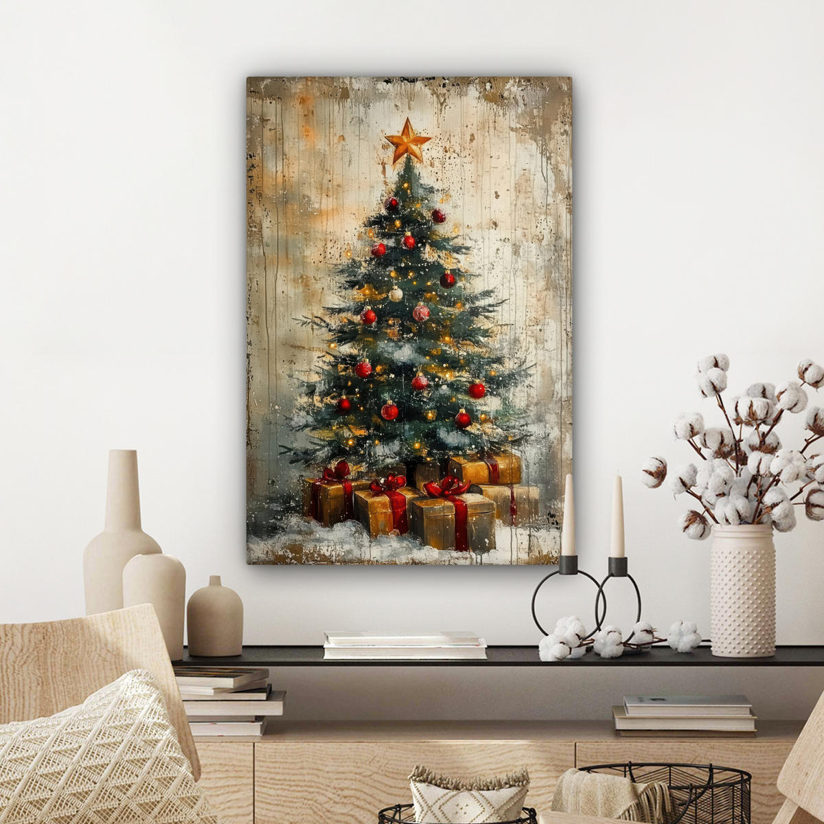 LEINWANDBILD Weihnachtsbaum - Vintage - Weihnachten - Geschenk Wanddeko Schlafzimmer 60x90 cm - Rostfarben, Textil (60/90cm) - MuchoWow