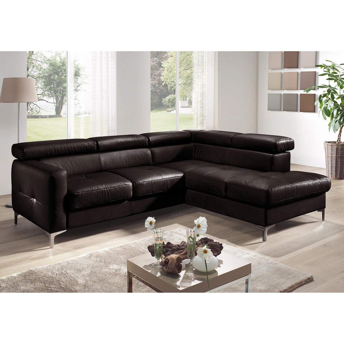 ECKSOFA mit Longchair - Echtleder - Dunkelbraun, Leder (239/207cm) - home24