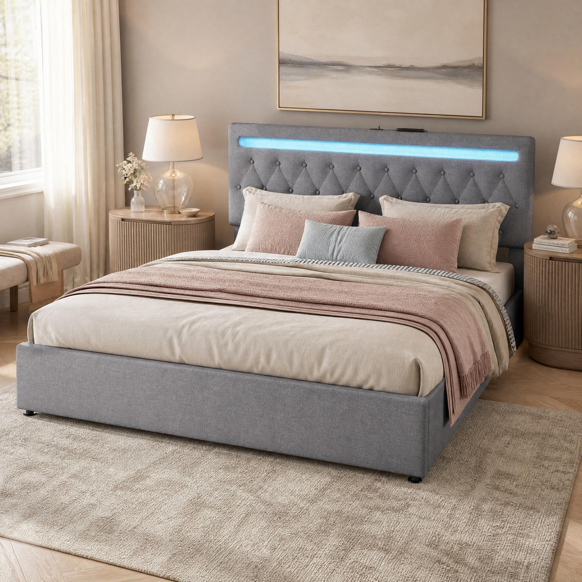 POLSTERBETT 180/200 mit Bettkasten, hydraulischem Hebemechanismus, LED und USB-Anschluss in Grau - Grau, Holzwerkstoff/Textil (180/200cm) - EVRYAE