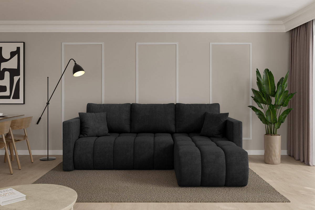 ROHOVÁ SEDAČKA s funkcí spaní, otoman vpravo GARD-L 226x146x85 černá velur - černá, kompozitní dřevo/textil (226/146cm) - ALTDECOR