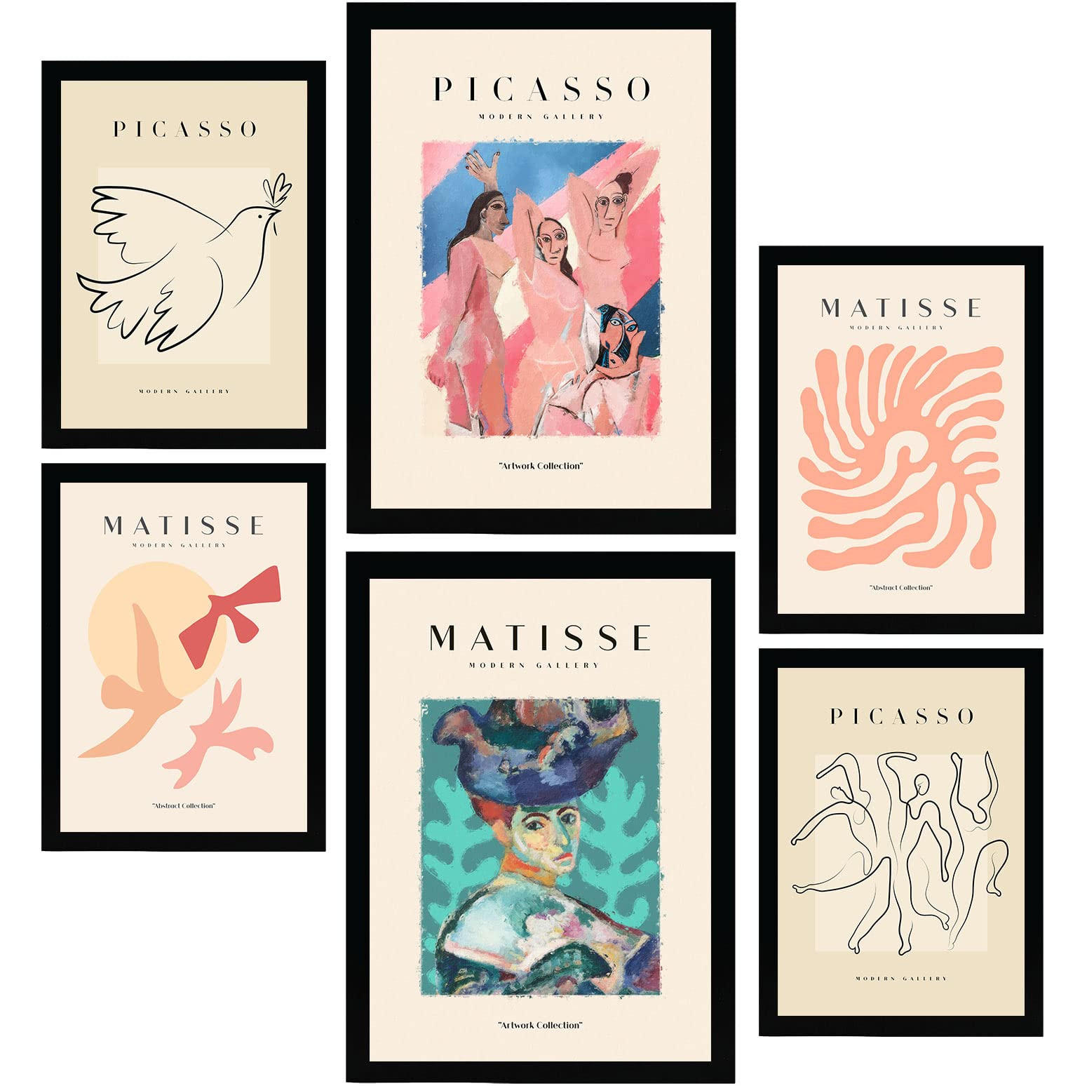 POSTER Set Mit 6 Von Picasso Und Matisse Körper Drucke Des Fauvismus Und Surrealismus Für Innenarchitektur A3 & A4 Schwarzer Rahmen - Schwarz, Papier (29/3cm) - Nacnic
