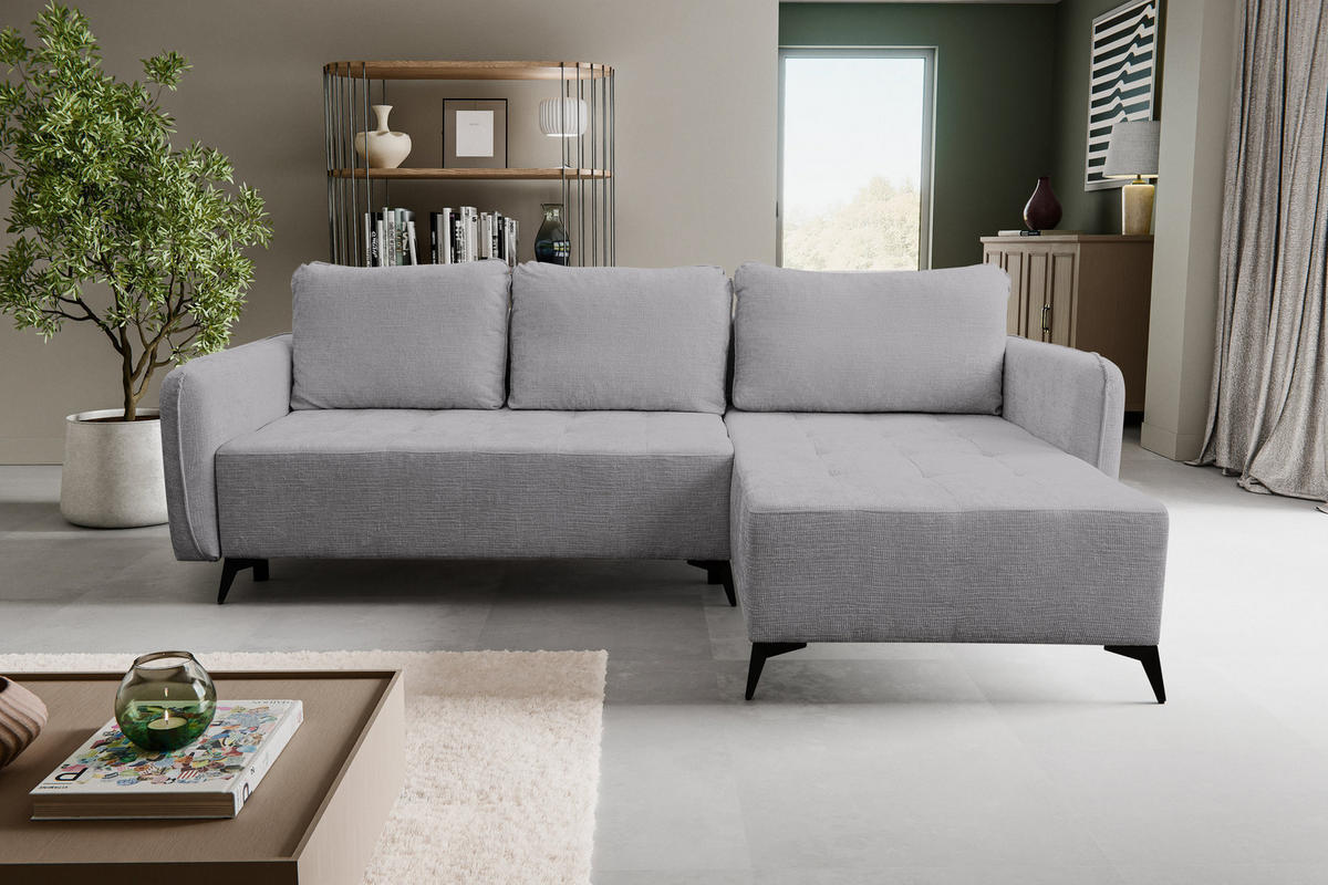 ECKSOFA Lucky in L-Form mit Schlaffunktion und Bettkasten, Farbe: Grau, Strukturstoff, Ottomane Links oder Rechts - Grau, Textil (275/160cm) - VENASI MÖBEL