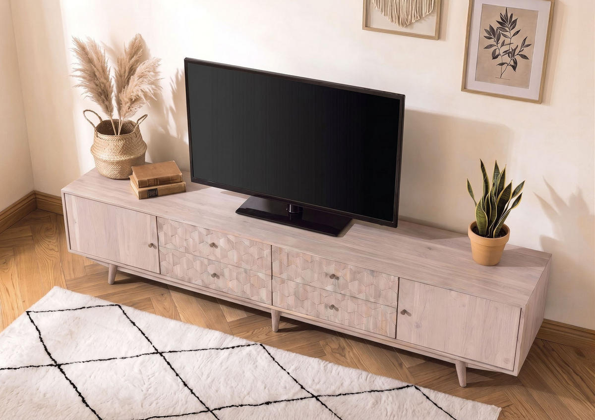 TV-BOARD Akazie 220x40x49 weiß lackiert MOSAYK #220 - Weiß, Holz (220/49/40cm) - Massivmoebel24