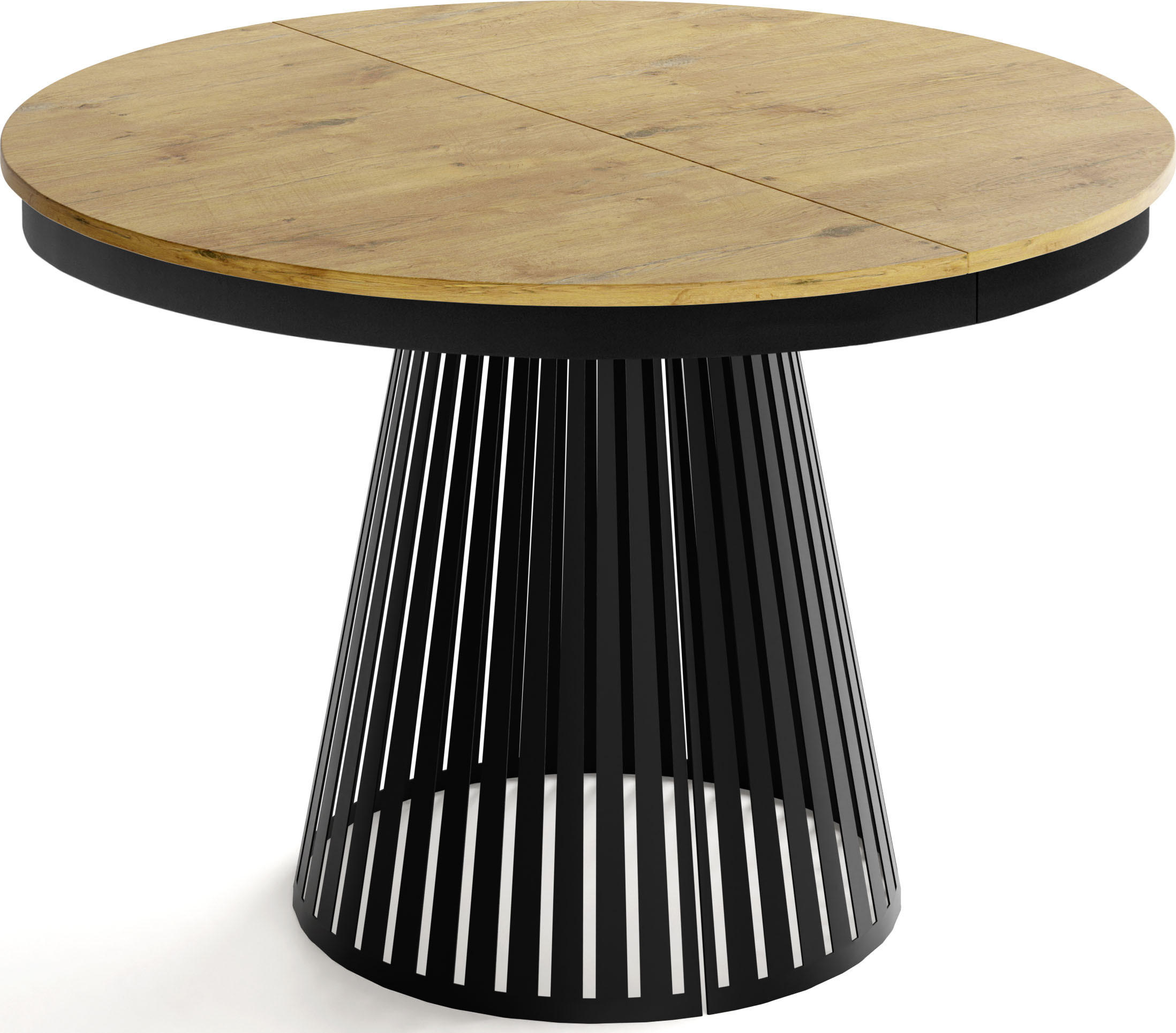 ESSTISCH Naro rund ausziehbar mit Schwarzem Lamellen-Metallgestell, Braun 120-200/120/76 cm - Eichefarben/Schwarz, Holzwerkstoff/Metall (120/120/76cm) - WFL GROUP