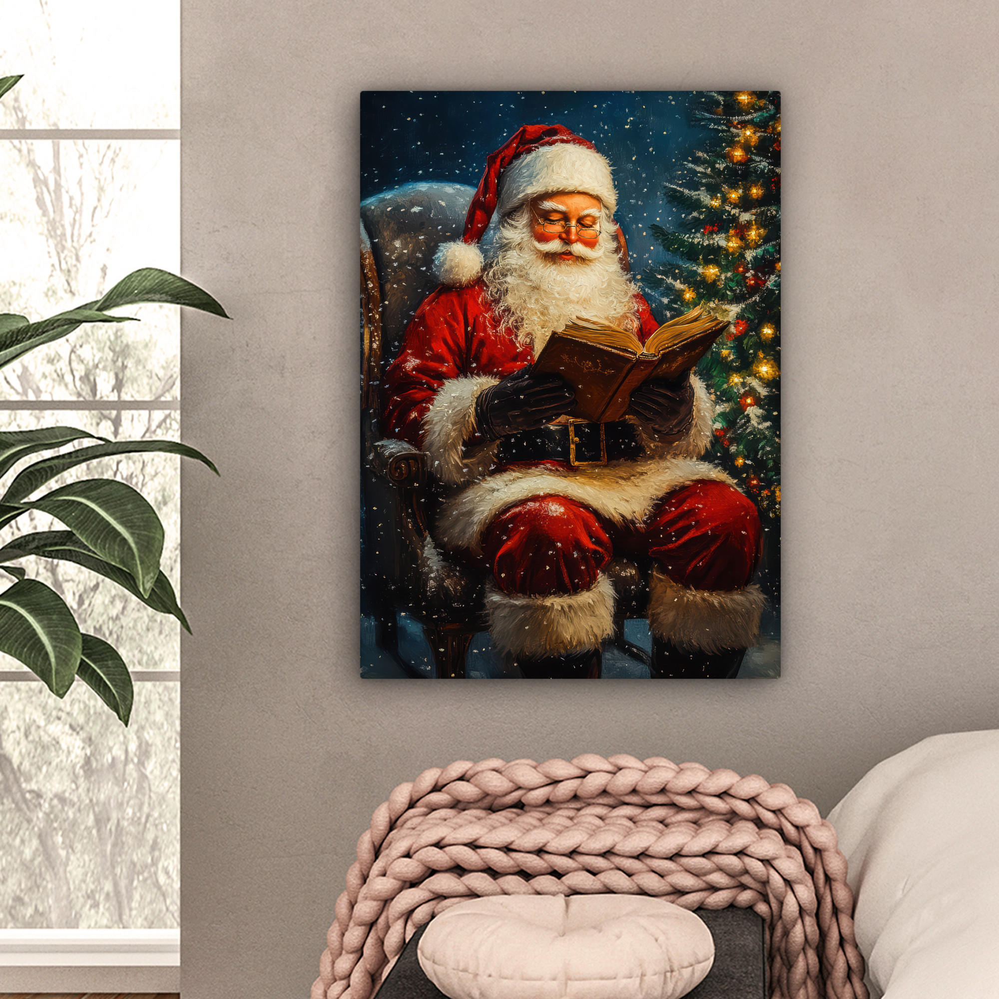 LEINWANDBILD Weihnachtsmann - Weihnachten - Winter - Weihnachtsbaum 60x80 cm - Bordeaux, Textil (60/80cm) - MuchoWow