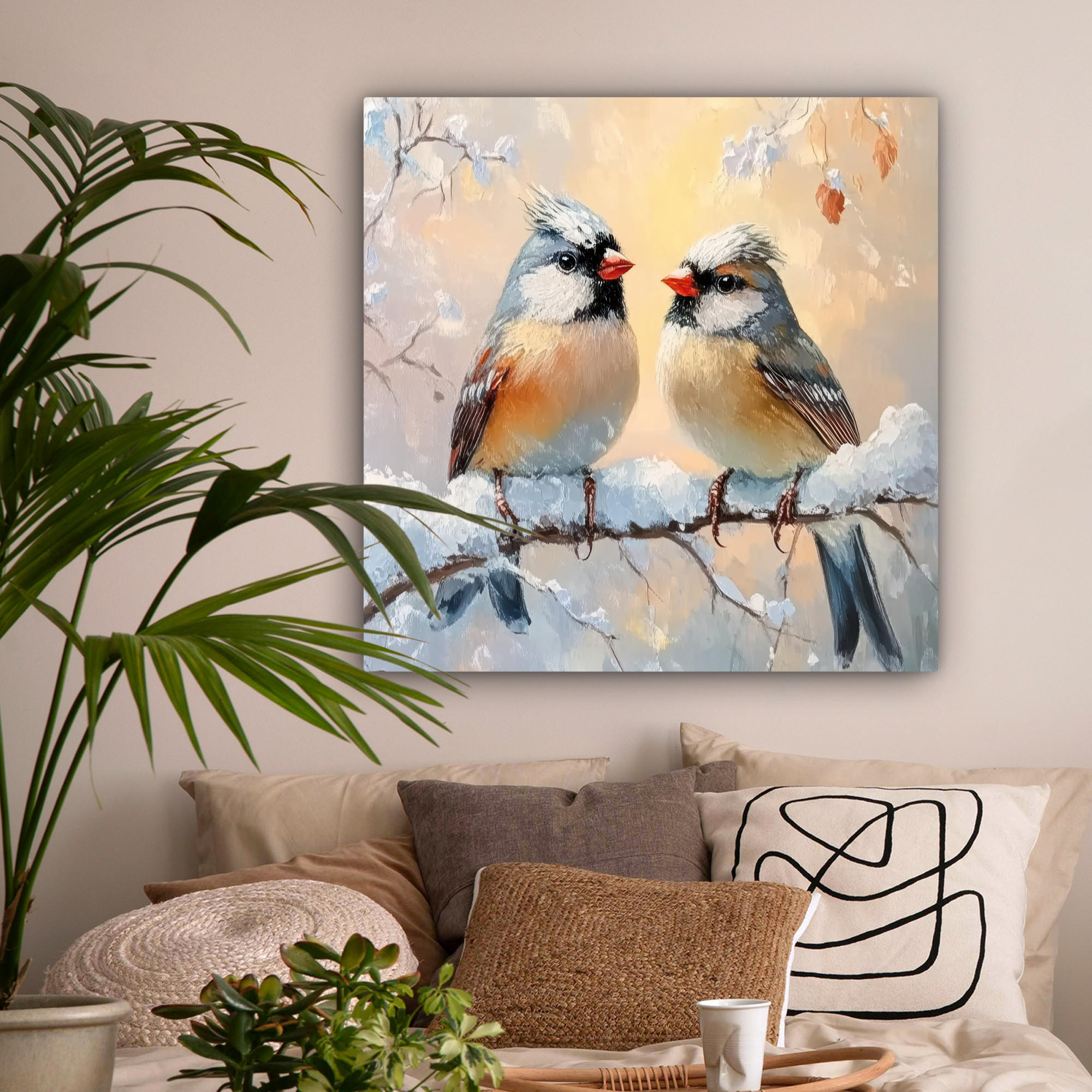 LEINWANDBILD Vögel - Zweig - Winter - Schnee 90x90 cm - Pastellblau, Textil (90/90cm) - MuchoWow
