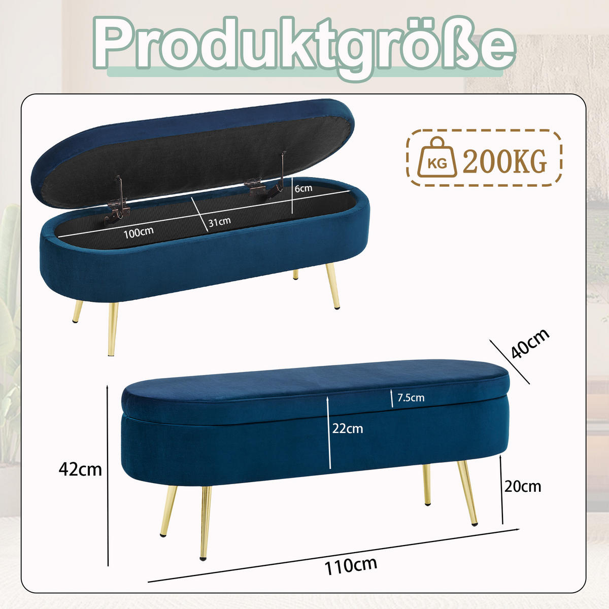 AUFBEWAHRUNGSTRUHE velvet & gold 110 cm - Dunkelblau, Textil (110/42/40cm) - Urban Meuble