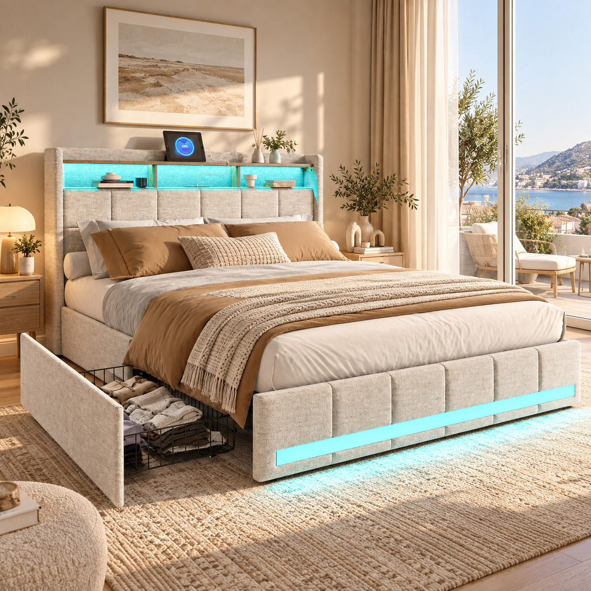 POLSTERBETT,BETT 140/200 mit Schubladen und LED&Ladefunktion,Beige - Beige, Holz/Textil (140/200cm) - PARAFTA HOME