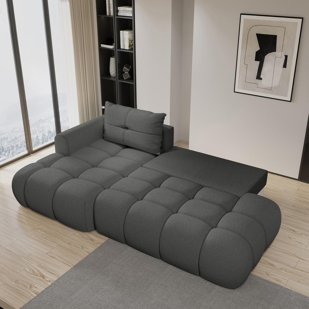 ECKSOFA FLUMA L-S Grau Boucle-Stoff mit Schlaffunktion - Grau, Holz (274/165cm) - MASSENO
