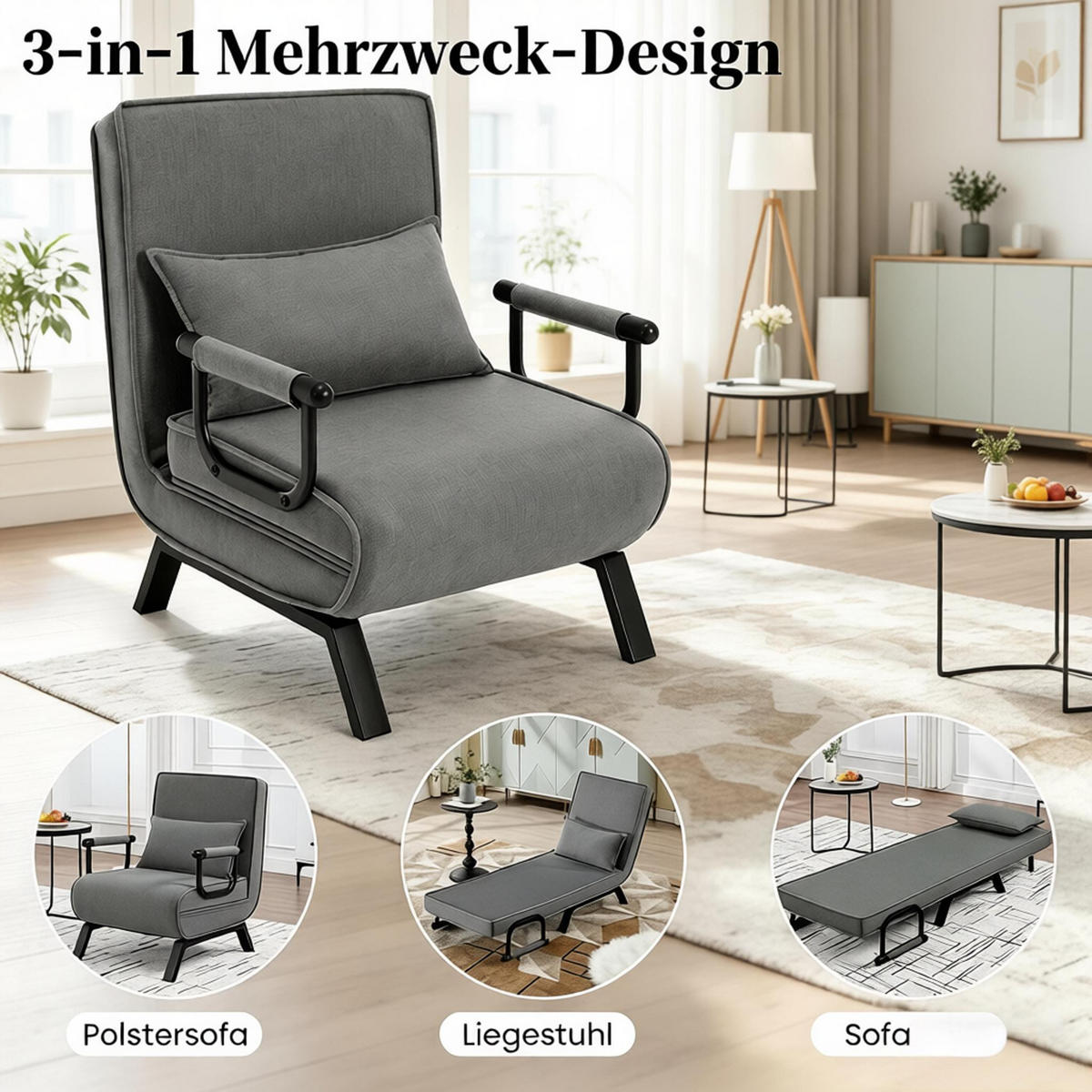 SCHLAFSESSEL 3-in-1, 5-fach verstellbar, DE-42146, Grau - Grau, Metall (75/78/65cm) - ComfortXL