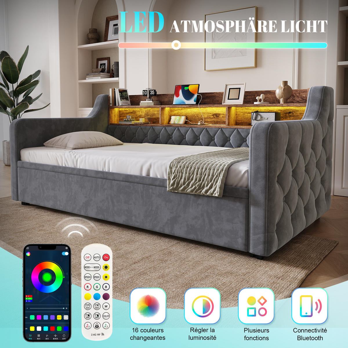 SCHLAFSOFA Dunkelgrau aus Samt mit Ausziehbett, Stauraumkopfteil, LED und USB-Ladeanschlüssen - Dunkelgrau, Textil (107/80/201cm) - Luhomfu