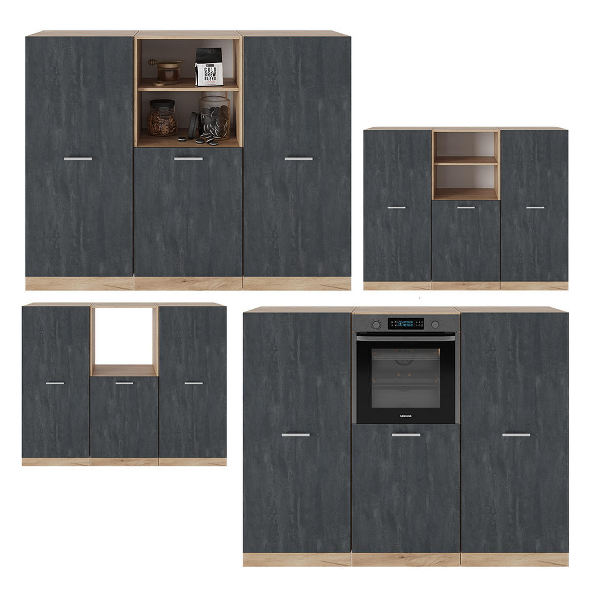 KÜCHENBLOCK R-Line Schwarz Beton/Goldkraft Eiche 180 cm ohne AP - Honigeiche/Schwarz, Holzwerkstoff (180/81.6/46cm) - Vicco