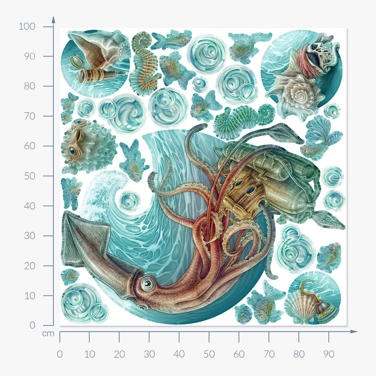 WANDAUFKLEBER 100x96cm - Unterwasserwelt - Multicolor, Kunststoff (100/96/0.1cm) - Wallfluent