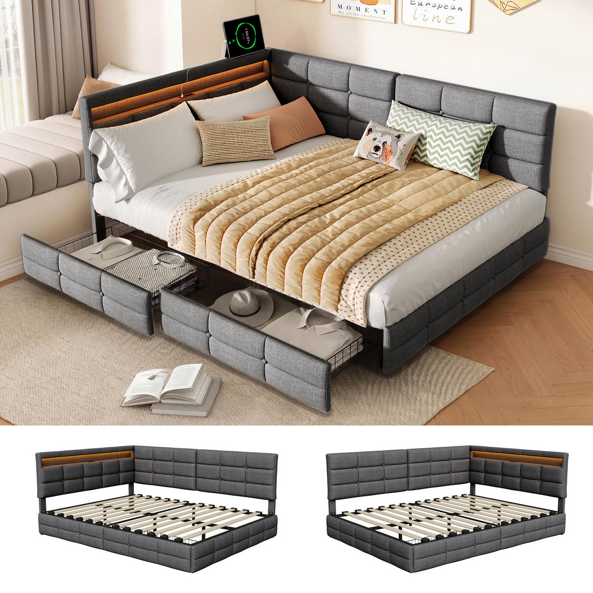 BETT 140x200 cm mit L-förmigem Kopfteil, 2 Schubladen, USB-Ladeanschluss, LED-Licht, Leinenstoff, Grau - Grau, Holz (140/200cm) - BRILVERDE
