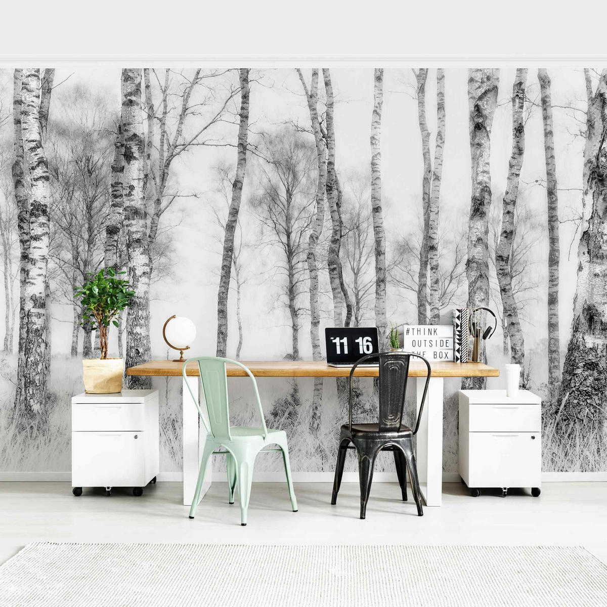 FOTOTAPETE Mystischer Birkenwald Schwarz-Weiß 336/225 cm - Schwarz, Papier (336/225cm) - Bilderwelten