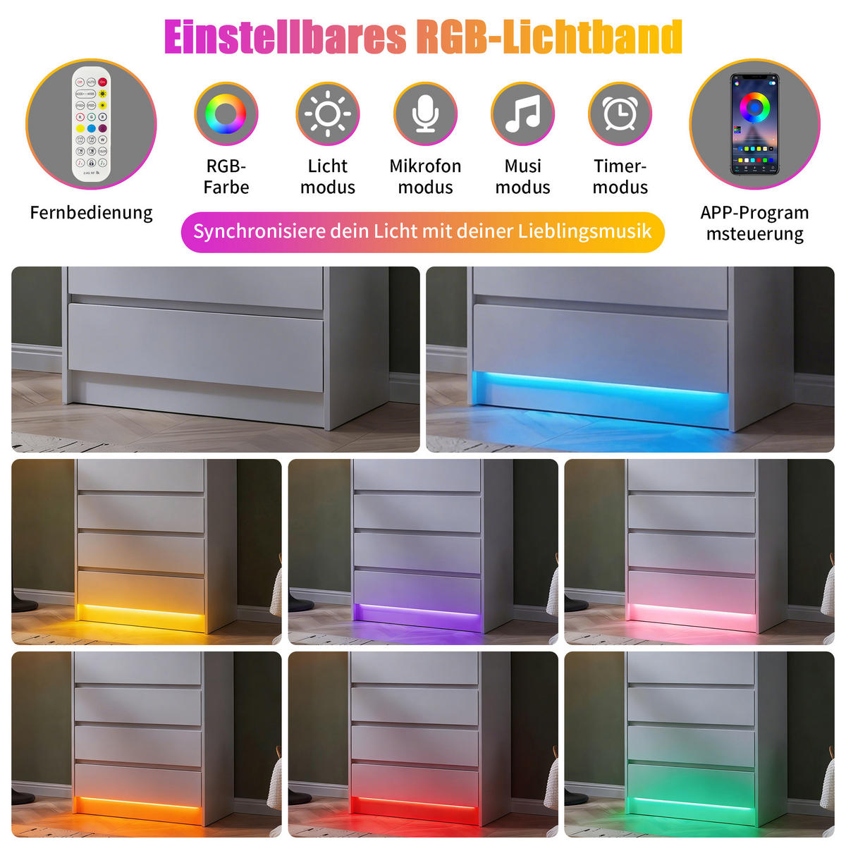 KOMMODE 5 Schubladen mit LED-Beleuchtung, Weiß,73x40x110 cm - Weiß, Holz (40/110/73cm) - PARAFTA HOME