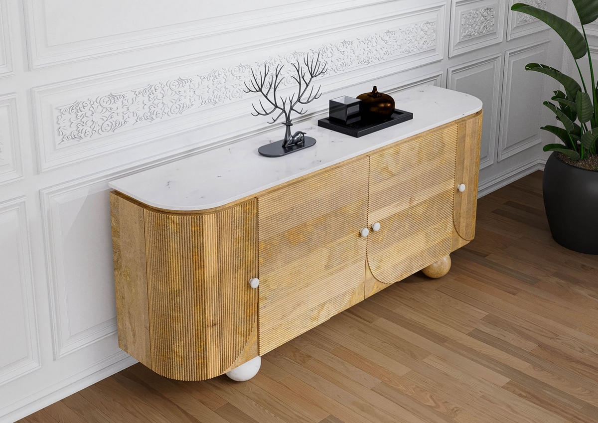 SIDEBOARD Mango 180x40x80 natur lackiert / Marmor weiß FLORENZ #121 - Braun, Holz (180/80/40cm) - Massivmoebel24