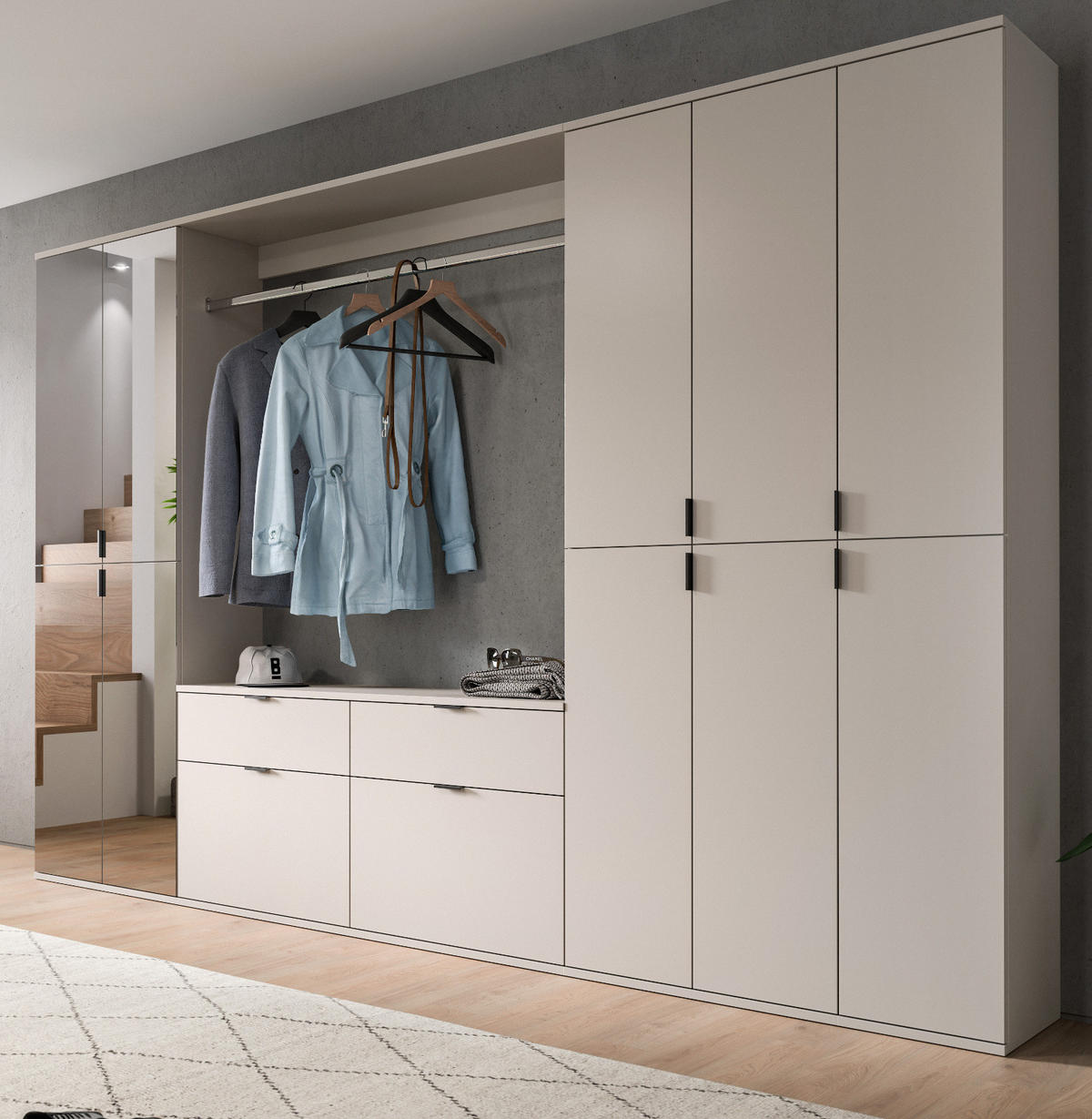 GARDEROBEN-SET Kaschmir 273 x 193 cm, Garderobenschrank mit Spiegel - Kaschmir/Schwarz, Glas/Holzwerkstoff (273/193/34cm) - Inn.Furn