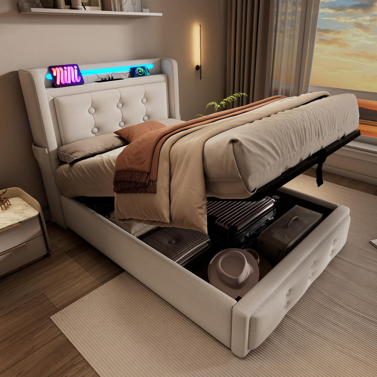 BETT mit Matratze und Stauraum 90x200 cm Beige mit USB und LED - Weiß, Metall (90/200cm) - Meubliv