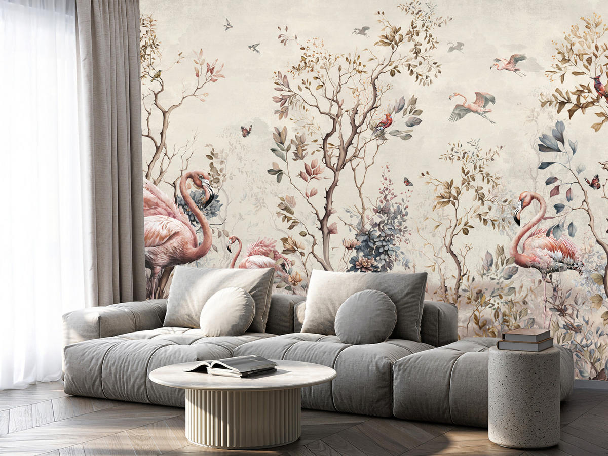 FOTOTAPETE für Wohnzimmer Wunderschöne Flamingos Natur Schmetterlinge 500x350 - Multicolor, Papier (500/350cm) - Muralo