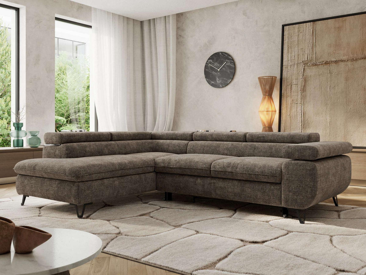 ECKSOFA PABLO L Braun Schenille grob gewebt - Links Seite - Schwarz/Braun, Textil/Metall (208/273cm) - MKS